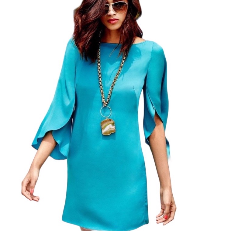 Milly Silk Aqua Blue Green Blue Butterfly Sleeve Scoop Back Column Mini Dress 0